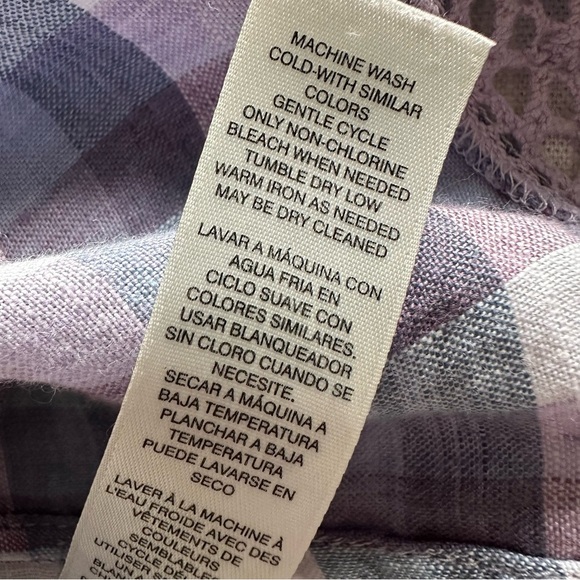 Chico’s Size 3 Crochet-Detail Gingham Linen Popover Top Purple Boho Peasant - Picture 10 of 12